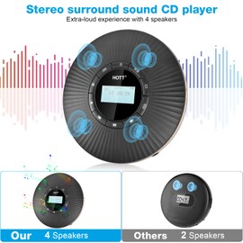HOTT CD Player Portable with 4 Speakers, Portable CD Player with Bluetooth and FM Transmitter Rechargeable Small Walkman CD Players with Headphones for Car Home Travel
