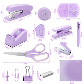 Purple Desk Accessory Kit Cute Office Supplies Set Desktop Stapler Set Includes Staple Remover Hole Punch Tape Dispenser Ballpoint Pen Scissor Mini Box Cutter Tape Measure Paper Clips Sticky Notes