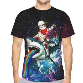 Cat Riding Shark Men 3D Printed Short Sleeve T-Shirts Casual Graphics Tees