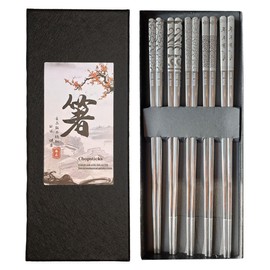Metal Chopsticks Reusable Titanium Plated, Stainless Steel Chopsticks, 5 Pairs Reusable Metal Chinese Chopsticks, Dishwasher Safe, Lightweight Square Design, Silver Japanese Chopsticks, Gift Box Set
