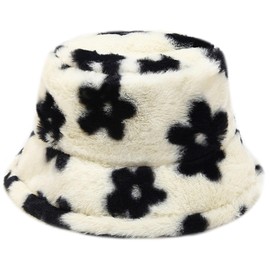Winter Faux Fur Furry Small Flower Black Bucket Hat Fluffy Fuzzy Warm Hat Plush Fisherman Hat for Women Teens Girls