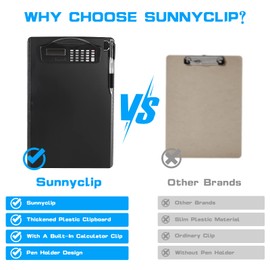 Sunnyclip Clipboard with Pen Holder & Calculator, [20% Thicker & Durable] Plastic Clip Board with Side Ruler, 9x13 Hanging Contractor Clipboard for Letter Size/A4 Paper, for Work, Office, School,Black