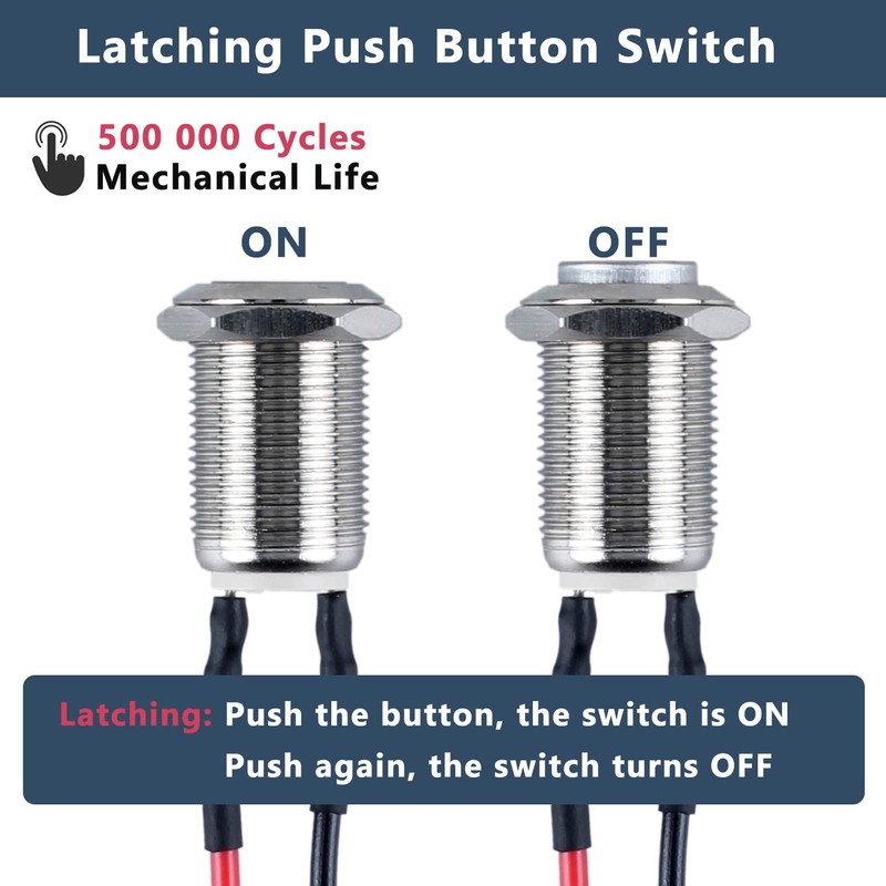 DMWD 2-Pack 12mm Latching Metal Waterproof Push Button Switch Raised
