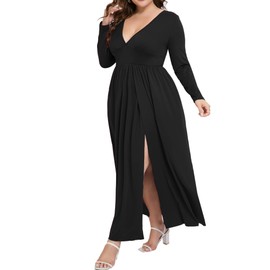 SILUI Women's 2025 Fall Western Dress Sexy Double High Slit Deep V Neck Plus Size Long Sleeve Maxi Club Party Dresses Black