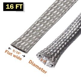 Flat Tinned Copper Wires Shielding Sleeving,Wire Cable Braided Sleeve Shield Metal Ground Straps Mesh Protect (9/16"-16ft, Silver)