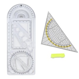 1 x Multifunctional Plastic Geometric Ruler, Drawing Stencil, Mathematics Drawing Ruler + 1 Piece Triangle Ruler, Plastic Geometric Triangle with Removable Handle