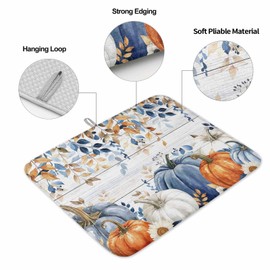Huotupsine Fall Blue Pumpkins Dish Drying Mat for Kitchen Counter, Vintage Botanical Fall Baby Bottle Microfiber Drying Pad, Orange Thanksgiving Absorbent Coffee Cup Dishes Drainer Mats 18"x24"