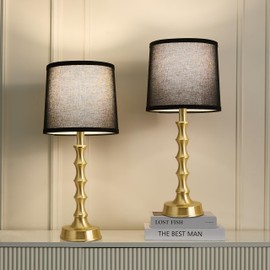 HGNPJC Set of 2 Gold Table Lamps, 24" Electroplated Gold Bamboo Base with White Linen Shade, Modern Nightstand Lamps for Bedroom, Living Room, Guest Room Decor