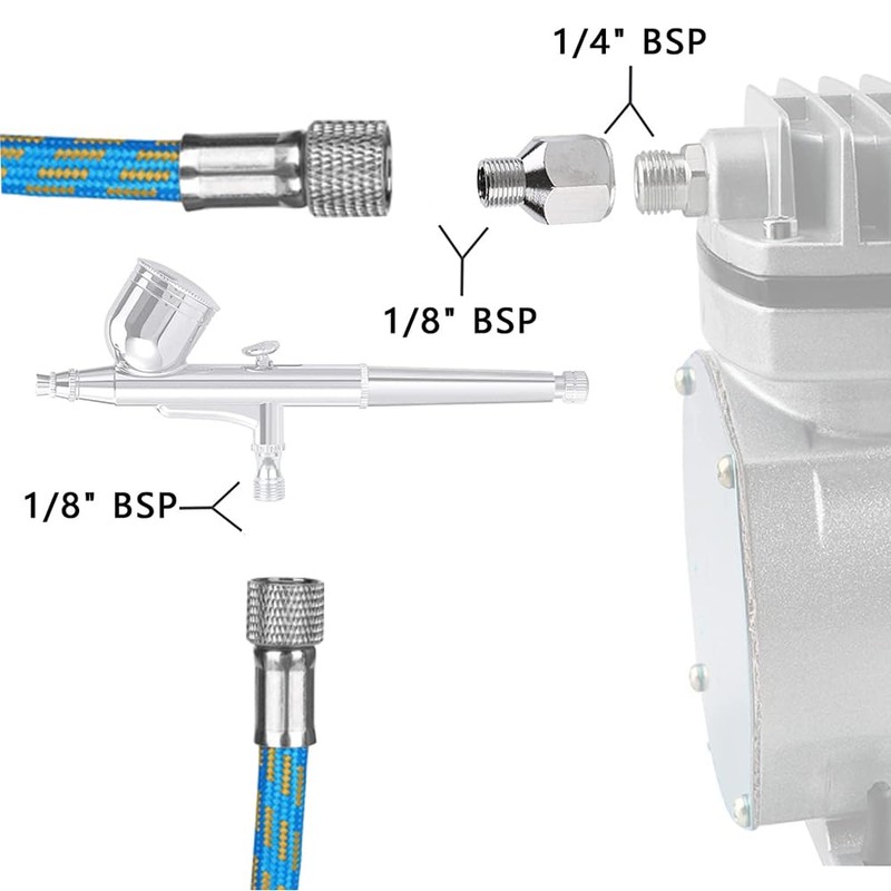 HUBEST 6' FT Braided Airbrush Air Hose 1/8"-1/8"(1/4") Adaptor Fitting