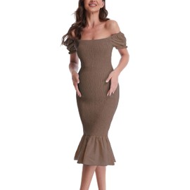 Maternity Summer Midi Bodycon Dresses, Short Puff Sleeve Square Neck Ruffle Hem Mermaid Baby Shower Dress Brown M