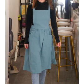 Women Girls Vintage Apron Adjustable Gardening Works Cross Back Cotton/Linen Blend Aprons Pinafore Dress (green, 33"L)