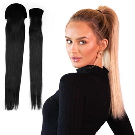 Tail Couture Clip-In Ponytail Extension – 18” 100% Human Hair, Seamless Two-Piece Set – Natural Look, Damage-Free, Easy to Apply – Long Straight Pony Tail Hair Piece for Women #1B - Off Black