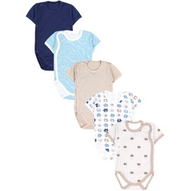 TupTam Baby Bodysuit Short Sleeve Boys - Wrap Bodysuit Short Sleeve Made of Cotton in Set of 5 - Oeko-Tex Certified, Dino Bears Elephants Beige Dark Blue Iceberg