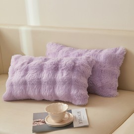 LIFEREVO 2 Pack Faux Rabbit Fur Lumbar Decorative Throw Pillow Covers 12x20, Plush Shaggy Bubble Cushion Accent Pillow Shams, Light Purple Furry Fuzzy Pillowcases for Couch Office Home Decor, Lavender