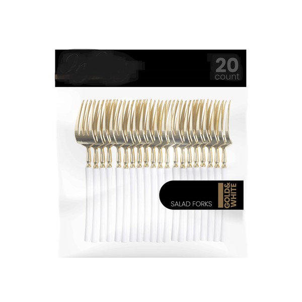 PlasticPro 20 Count Gold and White Plastic Salad Forks Premium