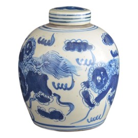 Retro Antique Like Style Blue and White Porcelain Lion Dancing Ceramic Covered Jar Vase, China Ming Style, Jingdezhen (LJ2)