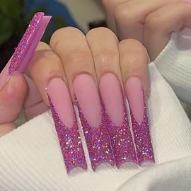 French Tip Press On Nails Extra Long Square Fake Nails With Glitter Design Purple False Nails Full Cover Artificial Acrylic Nails Matte Glue On Nails Stick On Nails For Women Manicure 24pcs