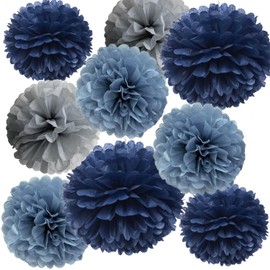 Navy Dusty Blue Gray Tissue Pom Poms Paper Flowers Party Decorations Wedding Centerpieces Neutral Baby Shower Birthday Bridal Shower Graduation Tea Party Nursery Wall Garden Hanging Décor