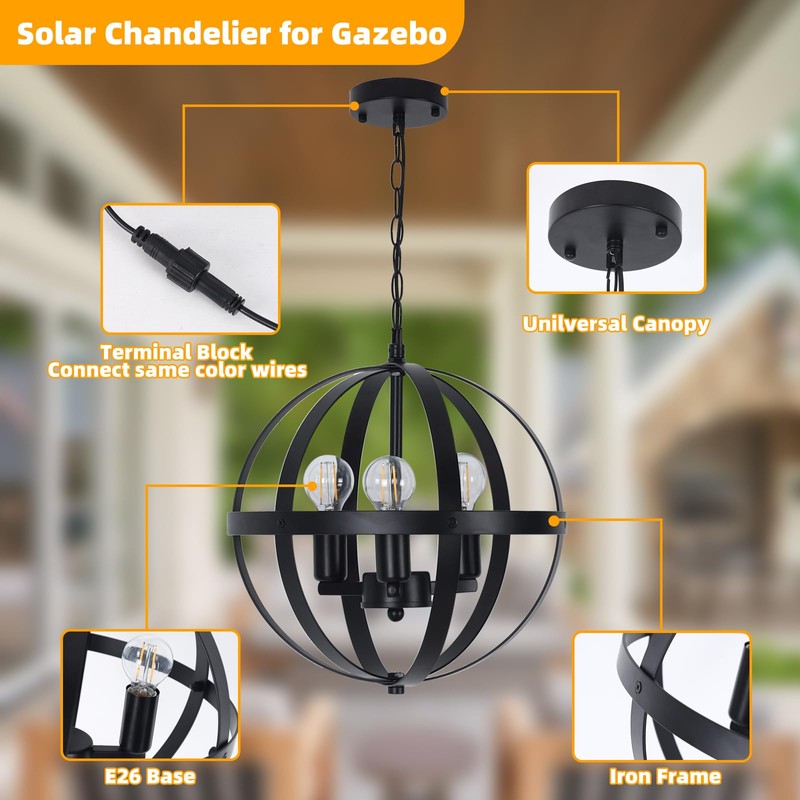 MOUFIER Solar Pendant Light,3-Light Globe Outdoor/Indoor Solar Chandelier,Black Metal Orb