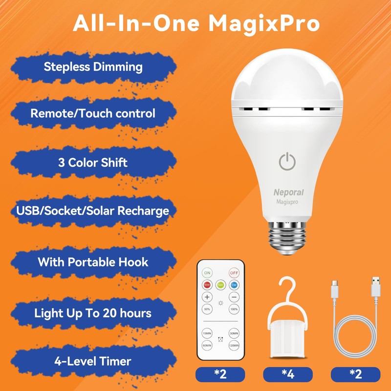 MagixPro Remote Rechargeable Light Bulbs, USB & Socket Charging, 1800mAh