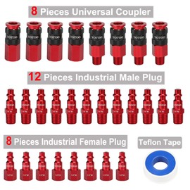 YOTOO 29 Pieces Universal Air Coupler and Plug Kit, Quick Connect Air Fittings, Heavy Duty Aluminum Air Hose Fittings, Lightweight, Push to Connect for air tools and air compressor, Red