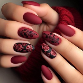 Press on Nails Medium Pure Red Matte Texture False Nails Artificial Rose Diamond Shape Full Cover Nails Acrylic Coffin Nails Reusable Glue on Nails DIY Stick on Nails for Women 24Pcs