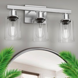 DIKAIDA 3-Light Bathroom Light Fixtures, Nickel Bathroom Vanity Light with Clear Glass Shade, Modern Bathroom Wall Lights Over Mirror, Farmhouse Wall Sconces Lighting for Bedroom Living Room