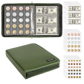 Coin Collection Book Holder for Collectors, 520 Pockets Fireproof Coins Collecting Album & 36 Sleeves Money Storage Case for Coin Currency Collection Supplies, Bill, Pennies, Quarters, Stamp-Green