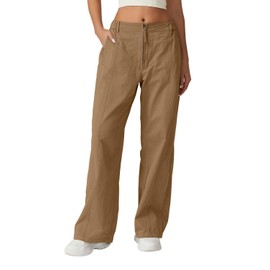 QINSEN Womens Zip Front Wide Leg Long Pants High Waist Causal Cargo Pants Cotton Pocket Palazzo Pants Brown M