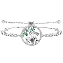 JunyiDIY Silver Plated Elephant Bracelet for Mom - Tennis Zircon Box Chain Slider Bracelet - Mother Tree Green Crystal Bracelet -Mother's Day Gift From Son Daughter