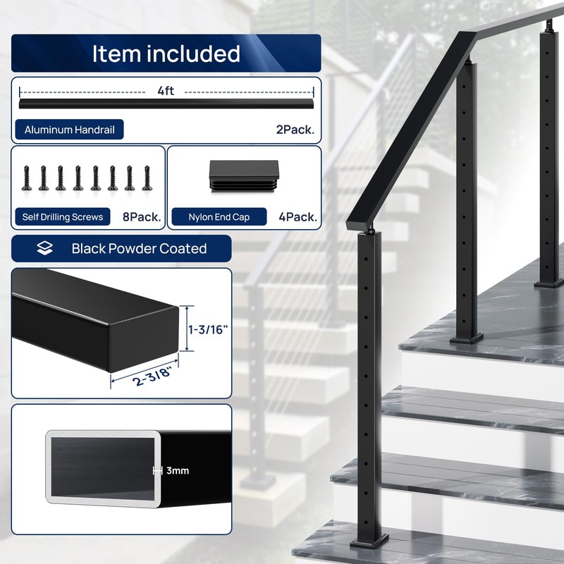 2 Pack 4FTx 2-3/8"x1-3/16 Aluminum Black Handrail with Self Drilling