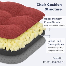 baibu Set of 4 Dining Chair Cushions, Dual-Layer Patent Design Memory Foam Kitchen Chair Cushions, Non-Slip Seat Pads with Ties, 16.5 x 16.5 x 3.5in, 4 Pack, Red