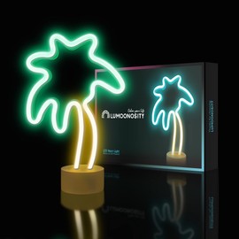 Lumoonosity Palm Tree Lights Neon Signs - Coconut Tree Neon Light for Bedroom, Desktop, Tabletop Decor - Battery/USB Powered Led Palm Tree Light - Palm Tree Lamp with Stand- Green&Yellow Led Sign