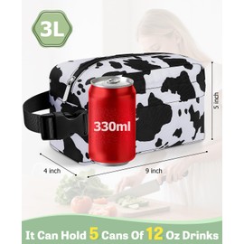 Neverwhy Small Insulated Snack Bag Lunch Bag for Kids Lunch Box for Women/Men, Collapsible [3L/5-Can] Reusable Lunch Bag Cooler Bag for Bottle with Handle Buckle for Work/School/Travel,Cow Print A