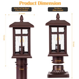 Bronze Post Light 2 Packs, Hardwired Anti-Rust Exterior Light Fixture Brown, Waterproof Outside Lamp Post with Pier Mount, Exterior Pole Lantern for Garden Yard Patio Path