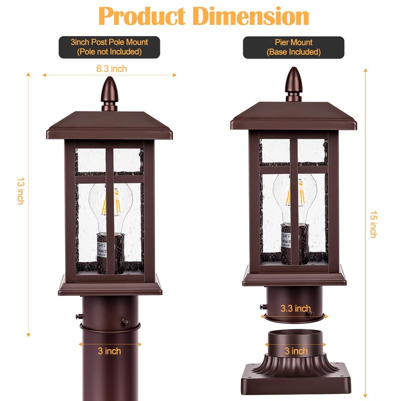 Bronze Post Light 2 Packs, Hardwired Anti-Rust Exterior Light Fixture