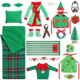 20 Pcs Christmas Elf Accessories Clothes, Sleeping Bag Elf Accessory for Elf Doll Include Elf Sleeping Bag Apron Chef Hat Sweater Scarf Glasses Bathrobe Shoes Hammock for Elf Doll Decor