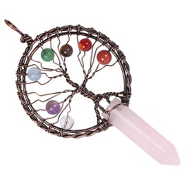 mookaitedecor 7 Chakra Tree of Life Rose Quartz Crystal Point Long Pendant Necklace for Girls Women, Healing Quartz Crystal Semi Precious Stone Jewellery Necklace for Good Luck Chakra Energy