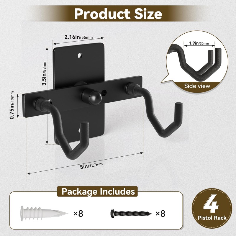 Pistol Wall Mount Rack - Adjustable Handgun Display Holder Fits