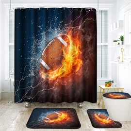 Ssddyes Shower Curtain Set 4 Pcs Bath Curtain and Rugs, American Football Water Fire Sport Game, Bathroom Decor USA Rugby Ball Themed Thunder Flame Burning Lightning Bathing Set with 12 Hooks