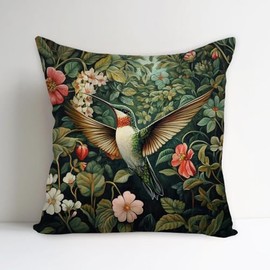 YOU FOUND ME William Morris Abstract Vintage Hummingbird Design Throw Pillow Cover Home Decor, Art Deco Pillowcase Cushion Cover for Bed Sofa Living Room, Square Pillowcase 18x18inch (Green bird2)