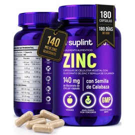 Gluconato de Zinc 140 mg con Semilla de Calabaza – Zinc 20 mg por Cápsula – Suplemento Vegano – Sin Gluten, Sin OGM – 180 Cápsulas