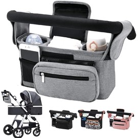 BLAZDEVE Baby Stroller Organizer with Insulated Cup Holder, Large Storage Space Stroller Bag with Detachable Phone Bag and Shoulder Strap for Uppababy, for Baby Jogger, for Britax (Grey)