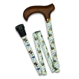 Folding Cane. The Travel Time Adjustable Cane is The Perfect Companion for Your Trip or Vacation. Vacation Images abound on The Aluminum Shaft. Wood-Grain Derby Handle. A Traveler's Delight!