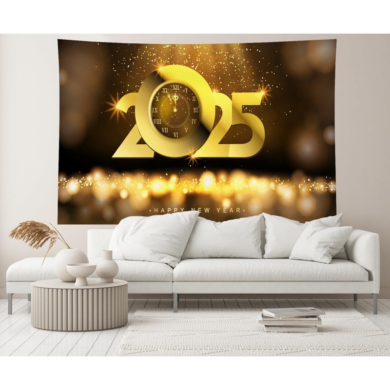 CHNYWORK 7x5ft Happy New Year Backdrop 2025 Golden Clock Countdown