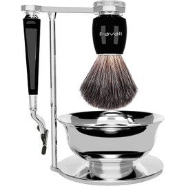 Favali 4-in-1 Shaving Brush Set, Safety Razor Stand with Shaving Bowl, Imitation Badger Hair, Wet Razor (with Mach 3), Wet Razor Brush Set - Stainless Steel Chrome-Plated
