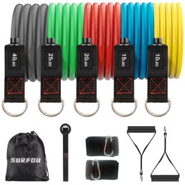 SURFOU Training Tube, Strength Training Tube, Strength Pull Up Tube, Fitness Tube, Natural Rubber, 5 Pieces of Different Strength, Door Anchor, Ankle Band, Handle, Storage Bag Included, Set of 11 for