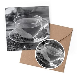 1 x Greeting Card & 10 cm Round Sticker Set - BW - Green Tea Cup Healthy Organic - Birthday Thank You Friend Lover Fan Mum Dad Kids #42999