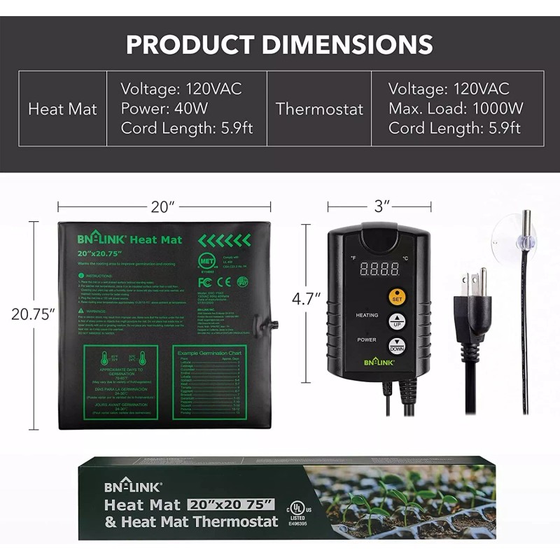 BN-LINK Heating Thermostat Outlet Controller Seedling Heat Mat Pad 20"