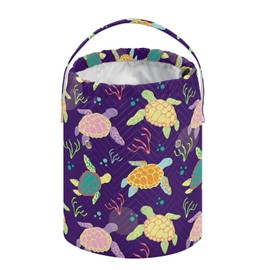 Kjovgcb Yarn Storage Knitting Basket Bin, Polyester Crochet Bag Pockets Dividers Box Organizer with Handle for Home Travel 8.3x11 in Print Colorful Sea Turtles Algaes Seamless On Purple